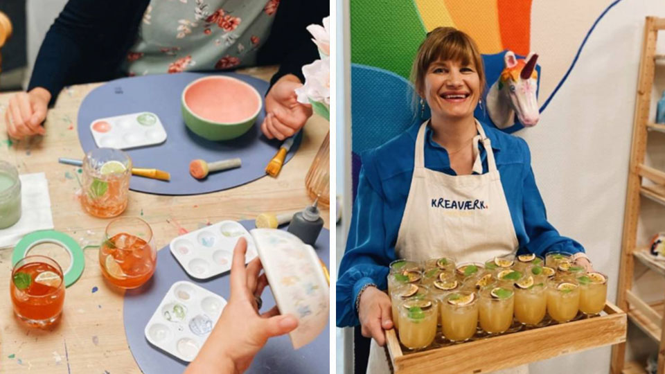 Deltagere nyder lækre cocktails, mens kreativiteten dyrkes med keramik hos KREAVÆRK i Middelfart.