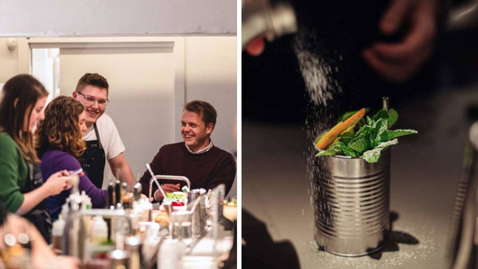 Cocktailkursus hos Gedulgt – deltagere mikser drinks med bartenderens vejledning i hyggelige omgivelser.