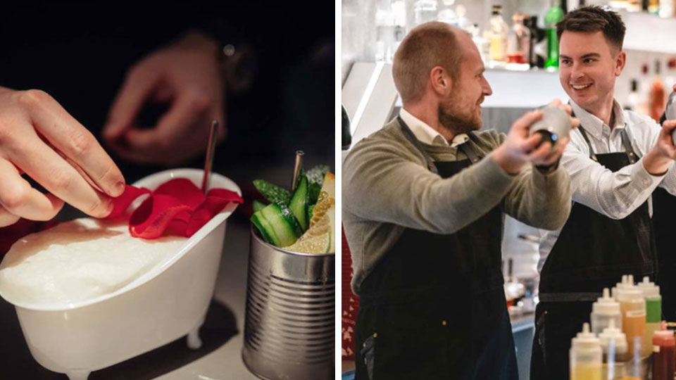 Deltagere mixer cocktails under et kursus hos Gedulgt i Aalborg med vejledning fra en erfaren bartender.