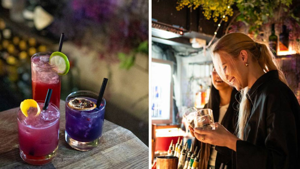Deltagere på cocktailkursus hos PV - Kaffe & Cocktails skaber og præsenterer egne drinks i stemningsfulde omgivelser.